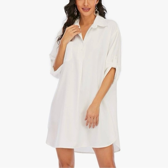 NEW!! White Loose Fit Shirt Dress with Pocket - Size M NWOT - Picture 1 of 4